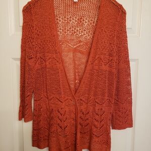 Long open weave crochet cardigan XL rust